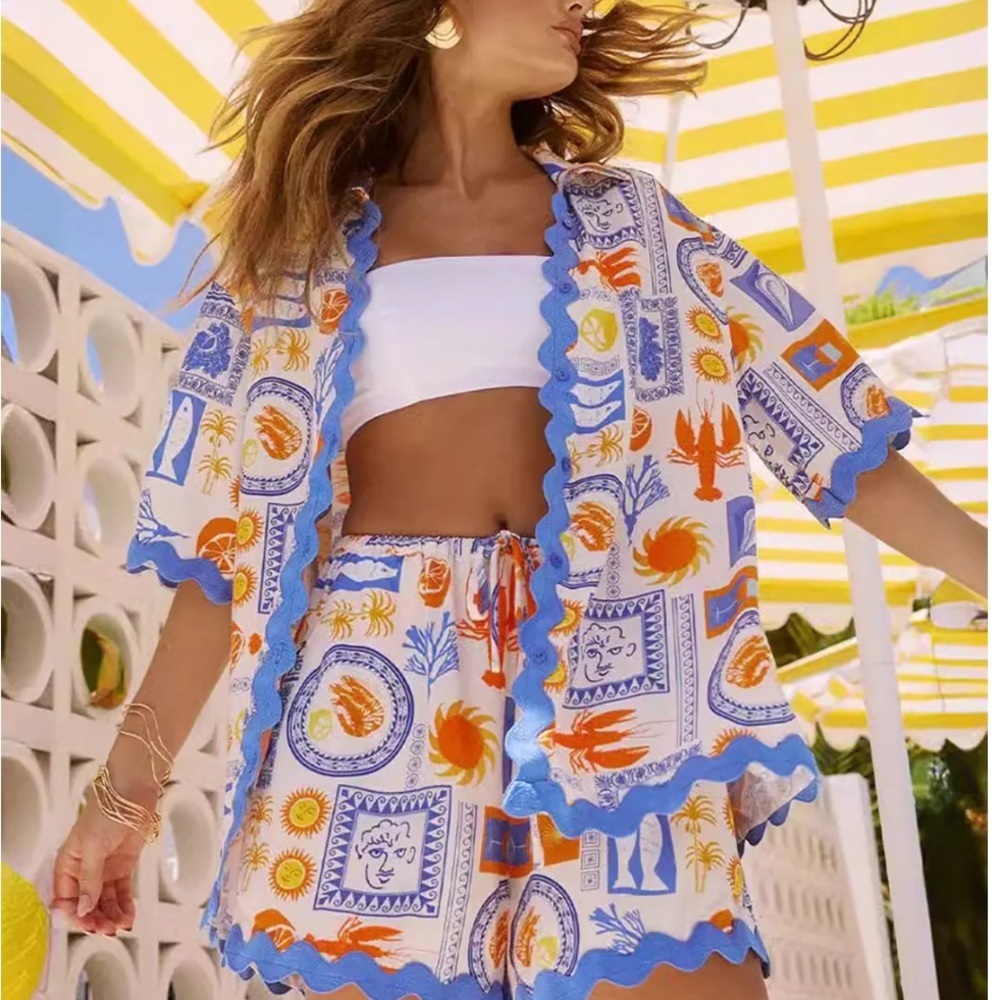 Commense Scalloped Vibrant Blue Orange 2-Piece Matching Set M NWT - Picture 10 of 10